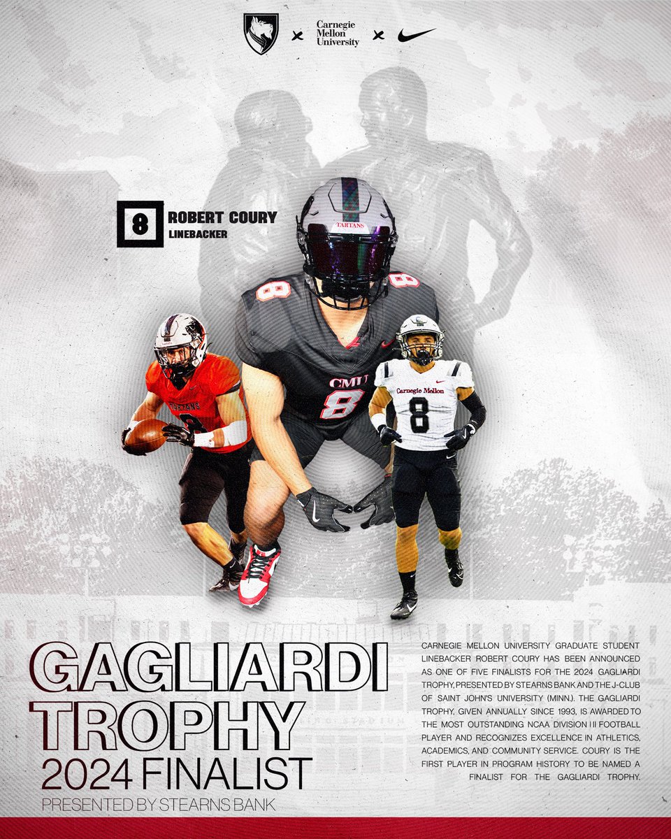 Carnegie Mellon Football (@tartanfb) on Twitter photo <a href="/CarnegieMellon/">Carnegie Mellon University</a> Gr. LB has been announced as 1 of 5 finalists for the 2024 Gagliardi Trophy, presented by Stearns Bank and the J-Club of Saint John’s University (MN). <a href="/bobby_coury/">Bobby Coury</a> is the 1st player in program history to be named a finalist. #TartanProud
.
.
#CODE | #BYB | #RDT <a href="/CarnegieMellon/">Carnegie Mellon University</a> Gr. LB has been announced as 1 of 5 finalists for the 2024 Gagliardi Trophy, presented by Stearns Bank and the J-Club of Saint John’s University (MN). <a href="/bobby_coury/">Bobby Coury</a> is the 1st player in program history to be named a finalist. #TartanProud
.
.
#CODE | #BYB | #RDT