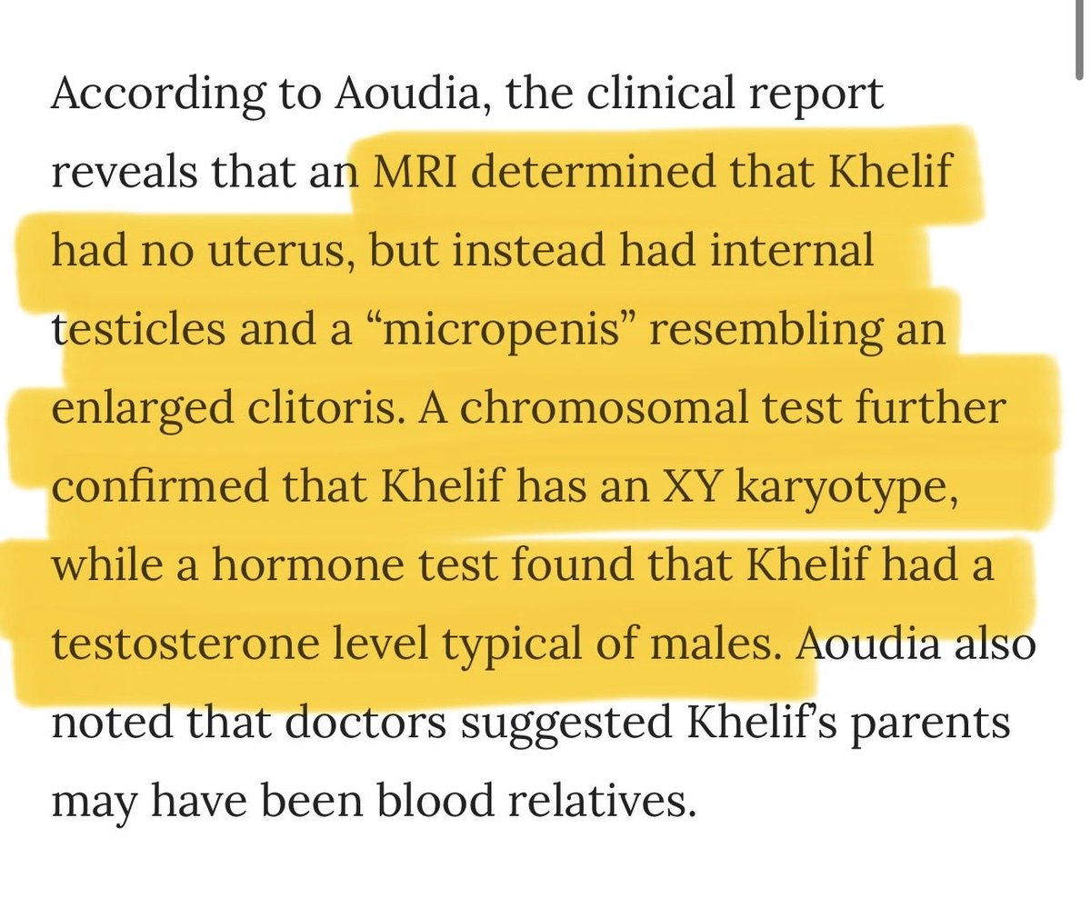 Riley_Gaines_'s tweet image. His medical record shows he has XY chromosomes, internal testes, no uterus, male levels of testosterone, &amp;amp; a micropenis. 

This means a man (actually 2) won an Olympic women's gold medal in ✨boxing✨Hope this helps!