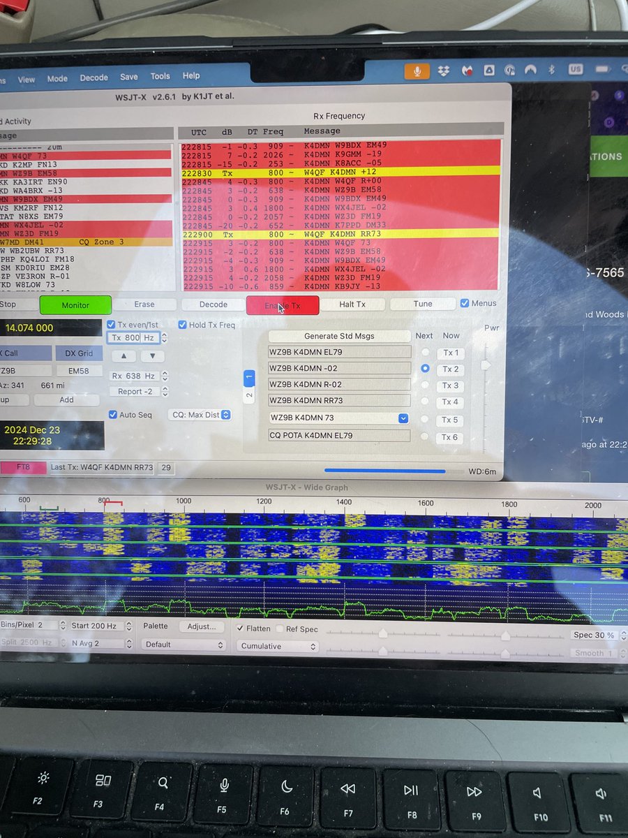 k4dmn's tweet photo. Pileup on 20m, 5 watts at Box-R WMA US-6293 #pota #ft8 #hamradio. Yeasu FT-817ND, Par EndFedz EF-20 antenna, ⁦@DXEngineering⁩ 24-ft. telescoping carbon fiber mast, ⁦@BioennoPower⁩ 15ah battery, SignaLink USB interface, MacBook, WSJT-X. https://t.co/c6GDliYuNY