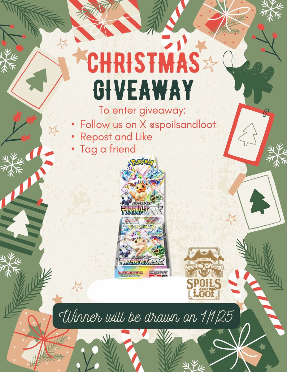 With the holiday season and a new year approaching, we would like to host a giveaway for one JPN Terastal Festival box to show our appreciation for all the support!

Rules:
✅ Follow us <a href="/spoilsandloot/">Spoils and Loot</a>
✅ Repost and like
✅ Tag a friend

🎉 Winner drawn on Jan 1, 2025 - US Only