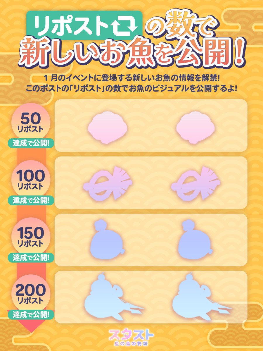 ⇢❥1月イベント限定魚公開キャンペーン🐳

1月のイベントで登場する新しい魚のビジュアルを最速で公開するよ📣

今回も住民の皆からのリポスト数に応じて公開👀

皆〜！！リポストして公開をお楽しみに❣️

いいね期間：12月24日〜12月25日
公開日：12月26日

スタストと2025年も素敵な年にしようね🎍