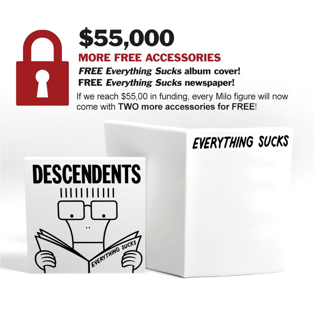 We’re just $1,500 away from unlocking our second Stretch Goal. And when we hit it, every Milo figure will come with 2 new accessories: the iconic Everything Sucks album cover and newspaper accessories - at no extra cost!