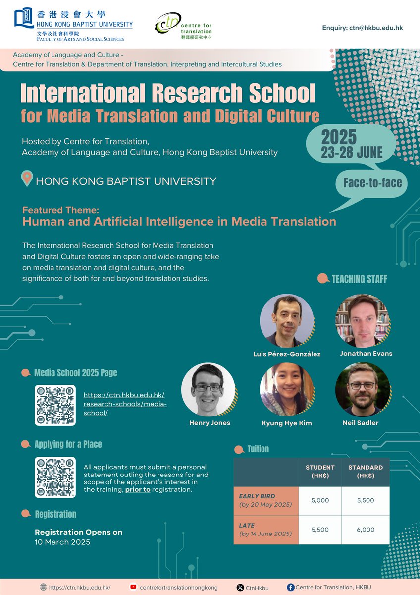 📣📣International Research School for Media Translation and Digital Culture (MTDC) 2025: Call for Applications
Featured theme: Human and Artificial Intelligence in Media Translation
Dates: 23-28 June 2025
Venue: Hong Kong Baptist University
More details at ctn.hkbu.edu.hk/research-schoo…