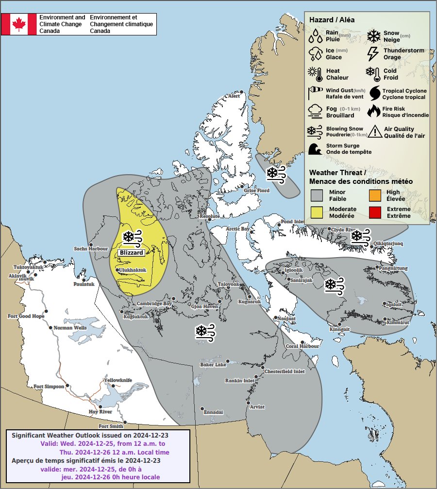 It looks to be a stormy #ChristmasDay in the Ulukhaktok area. Winds will pick up, gusting to 70 km/h, by tomorrow evening, reducing visibility in blowing snow. Blizzard conditions are possible into Wednesday, easing by Thursday. #NTStorm