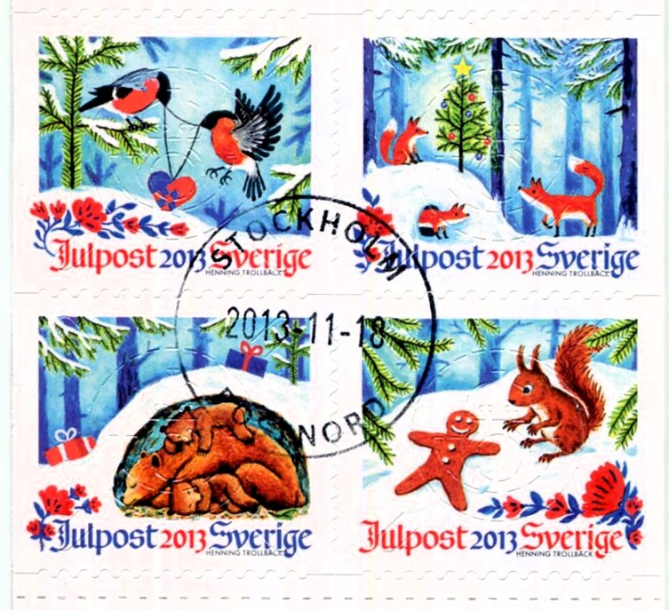 Time to play or snooze?
2013: Christmas in the Forest
Imagined by the Illustrator and potter - Henning Trollbäck
#philately #Stamps #forest #Sweden #bears #birds #fox #squirrel #Christmas