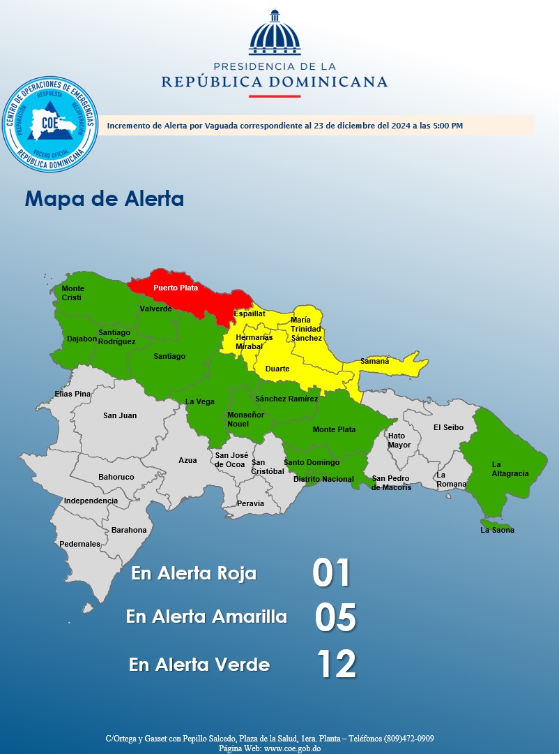 COE_RD's tweet photo. El COE coloca 01 provincia en alerta roja y mantiene 05 en amarilla y 11 y al Distrito Nacional en verde, debido a que en el informe del INDOMET, indica que el sistema frontal casi estacionario ubicado al noroeste en el atlántico y el viento del este/noreste seguirán las lluvias. https://t.co/k61DuOgrGR