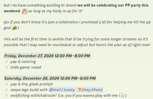 no more streams from me till friday! i'm going to be spending some days off with toasty &amp; the cats "(っ- ‸ - ς)ᶻ 𝗓 𐰁

friday &amp; saturday though we will be doing our PP party celebrating that we hit our pp goal earlier this year, so i'd love to have you hang out! 🤍 🎉