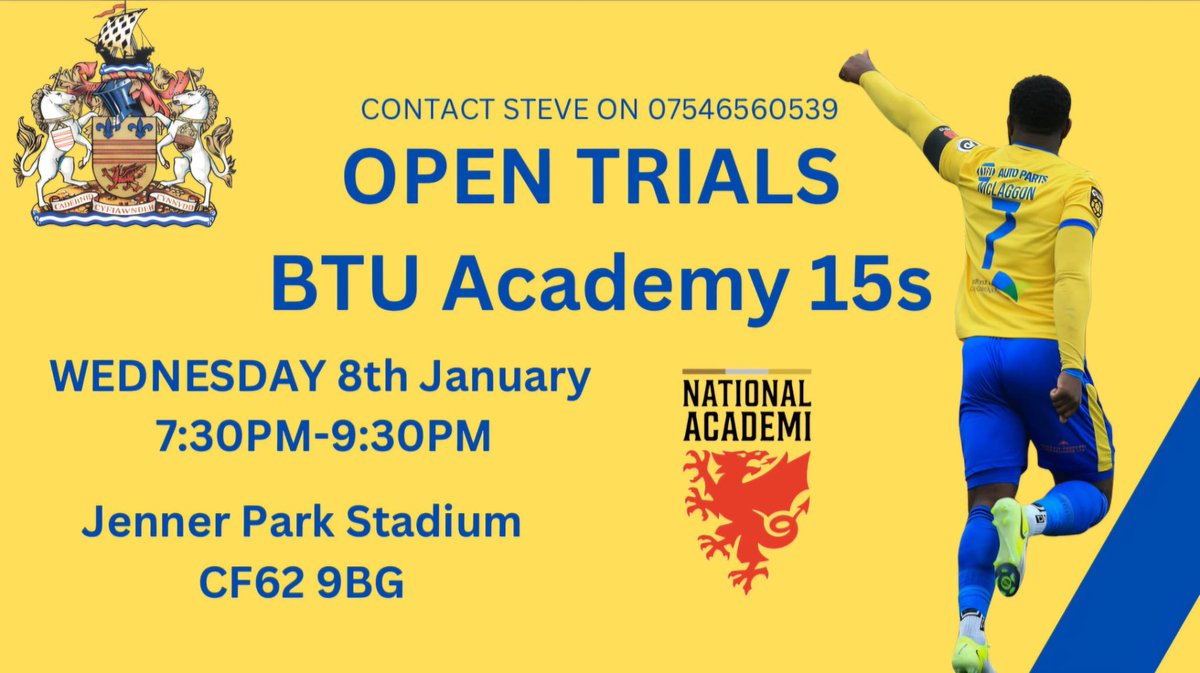 BTUAcademy (@btuacademy) on Twitter photo Come & join our open recruitment day for our U15βs taking place <a href="/JennerPark3G/">Jenner Park</a> in the new year ππΌ
Contact Stephen via the details on the flyer to enquire & register βοΈ
<a href="/BarryTownUnited/">Barry Town United</a> ππ Come & join our open recruitment day for our U15βs taking place <a href="/JennerPark3G/">Jenner Park</a> in the new year ππΌ
Contact Stephen via the details on the flyer to enquire & register βοΈ
<a href="/BarryTownUnited/">Barry Town United</a> ππ