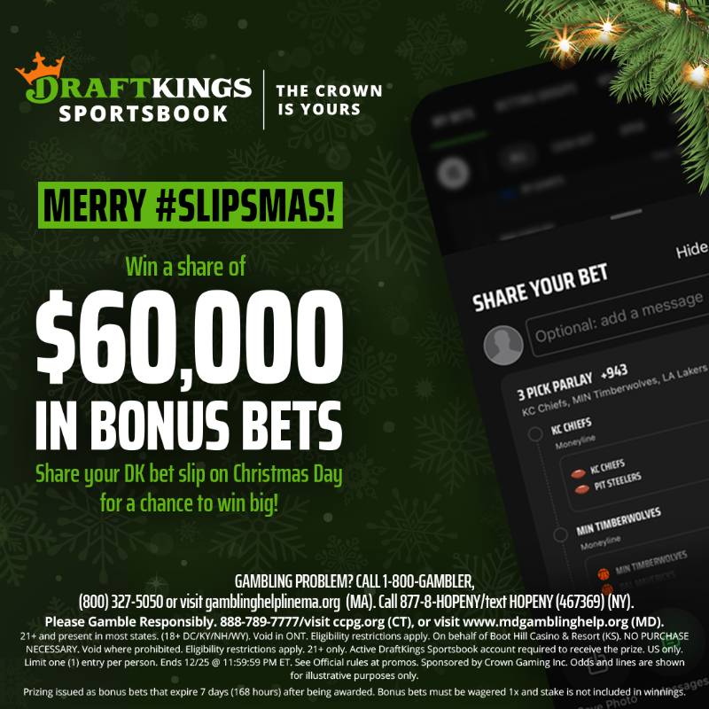DKSports's tweet photo. Merry #Slipsmas to all who celebrate! We're giving away $60,000 in Bonus Bets to some lucky followers today!
To enter:
1. Follow @DKSportsbook
2. Post your holiday bet slip with #Slipsmas
120 Winners | 10 Every Hour | Noon - Midnight | Rules: https://t.co/M8kmMvOPeo