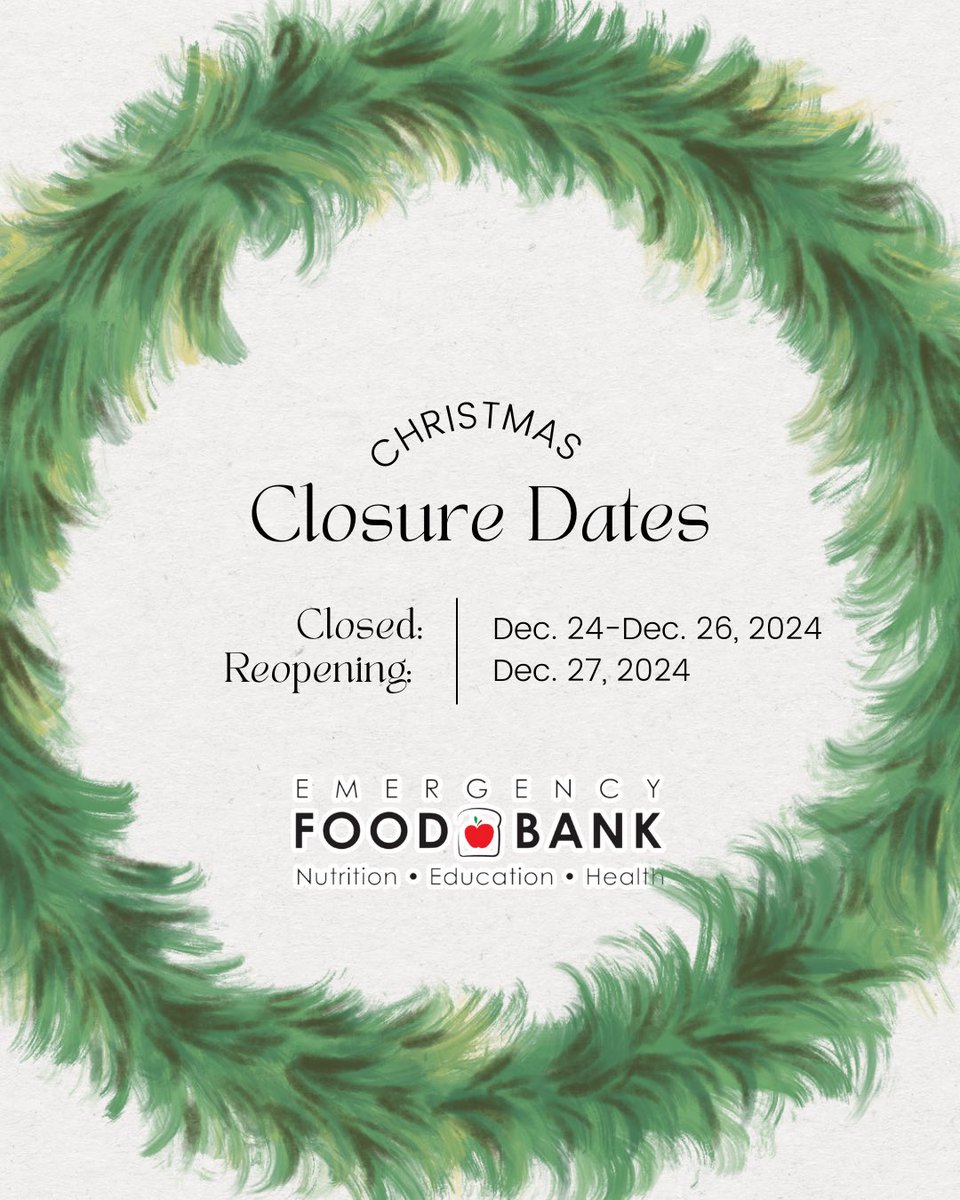 EFBFS's tweet image. 🎄 Holiday Closure 🎄
We’ll be closed Dec. 24–26 and reopen Dec. 27.
Thank you for your support! Consider donating to help families this season.
#EmergencyFoodBank #CommunitySupport #HolidayHours