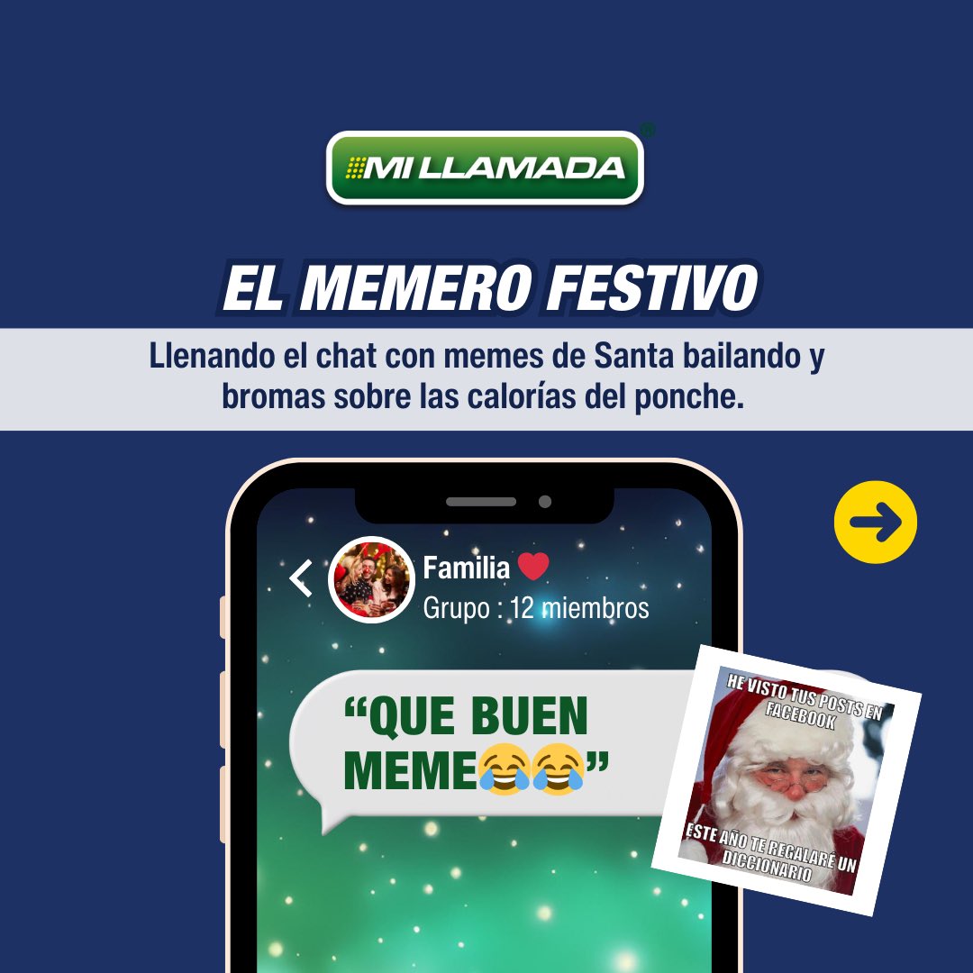 MiLlamada's tweet image. 🎄 En Navidad, el chat familiar es como un árbol lleno de luces: cada mensaje brilla con la personalidad de alguien especial.

Descubre qué tipo de personaje eres o identifica a tu tía, tu primo o ¡hasta a ti mismo! en el siguiente post 😂✨
#MiLlamada #NavidadConectada