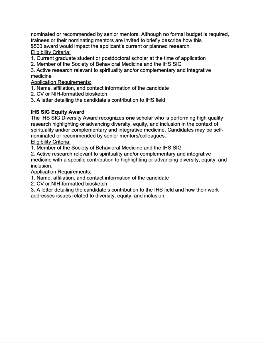 We are issuing a call for nominations for the Society of Behavioral Medicine Integrative Health and Spirituality SIG awards! These include the  Distinguished Scientist, Early Career Investigator, and Equity Awards. Please see below for more information about nominations.