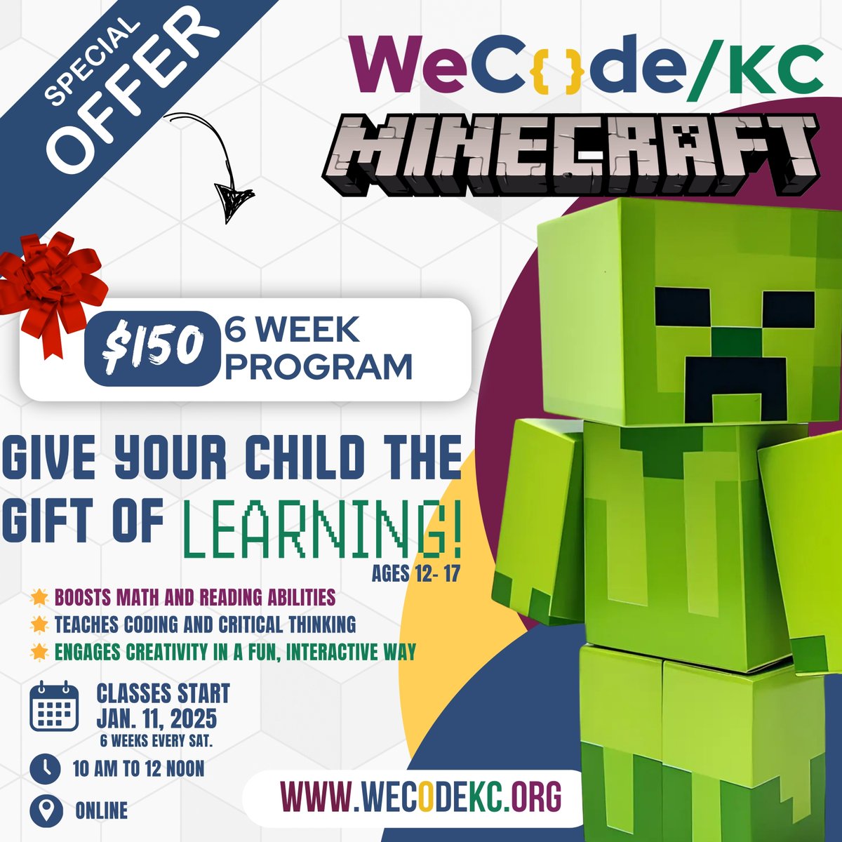 wecodekc's tweet image. 🎮 Give the gift of learning!
Our 6-week Minecraft Coding program teaches critical thinking & creativity. 🧠✨
📅 Starts Jan. 11 | Ages 12-17
💻 Online | $150
➡️ Sign up: wecodekc.org/programs
#STEMEducation #MinecraftCoding #WeCodeKC