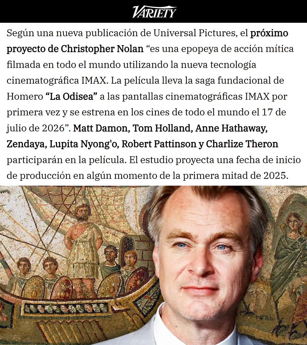 porquetendencia's tweet image. "Christopher Nolan":
Porque Universal anunció que su próxima película será una adaptación de #LaOdisea de Homero