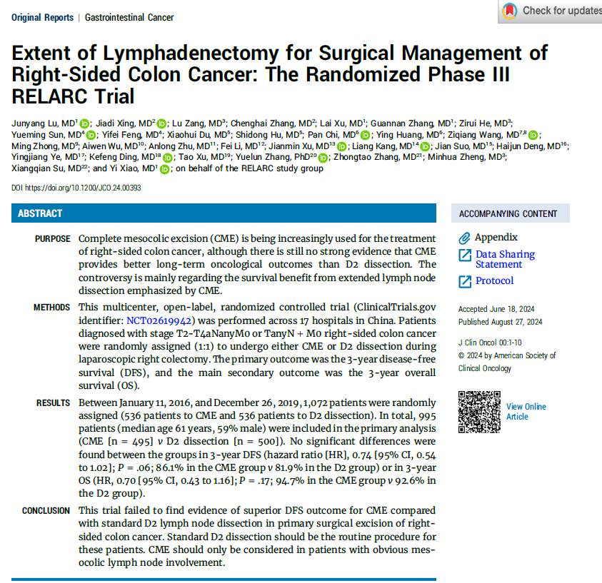 The #RELARC trial was highly-anticipated, but scarcely-discussed online when it was published this Fall.

This was a massive effort from 17 hospitals in China that randomized &gt;1000 patients with right-sided colon cancer to either CME or the more-traditional D2 dissection.

They