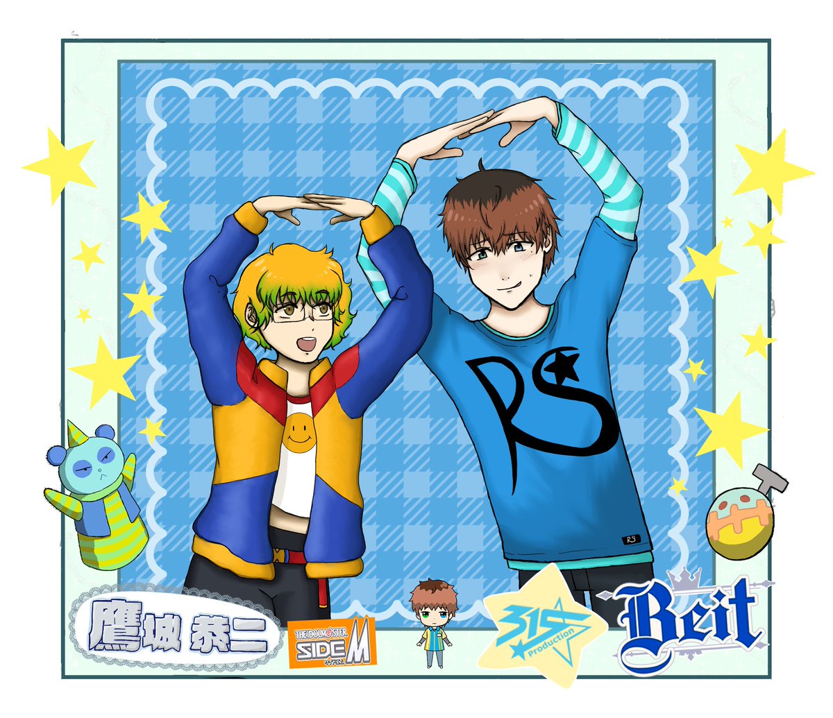 Hi <a href="/hokutal/">TALEK 🦀 Evil Phone Ringer</a> !
Happy Holidays ✨ 
I tried drawing something really colourful and added details from Kyoji's cards. I figured he might get bashful doing an idol pose, which would be super cute! I hope you like it ⭐
#sidemsanta2024