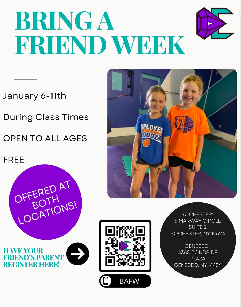 REGISTER TODAY! 

🚨 BRING A FRIEND WEEK IS BACK!  

🗓️ 1/6-1/11 during class times 

📍 At BOTH locations! 

💰 FREE

dynamiceliteathletics.com/events/bring-a…