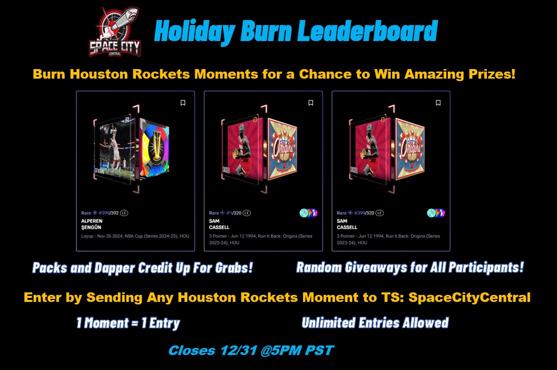 leet3_'s tweet photo. Hey @NBATopShot Fam!👀 @SccTopshot is hosting a Holiday Burn Leaderboard for a shot at some @HoustonRockets Grails/Dapper/Packs!🎄🎁🎅 All moments sent in will be burned!❤️‍🔥 Everyone welcome to join!🙏 Full Details in the Dashboard provided by @DiamondNFL: https://t.co/1T6L2taYuZ https://t.co/TW11CBNFVp