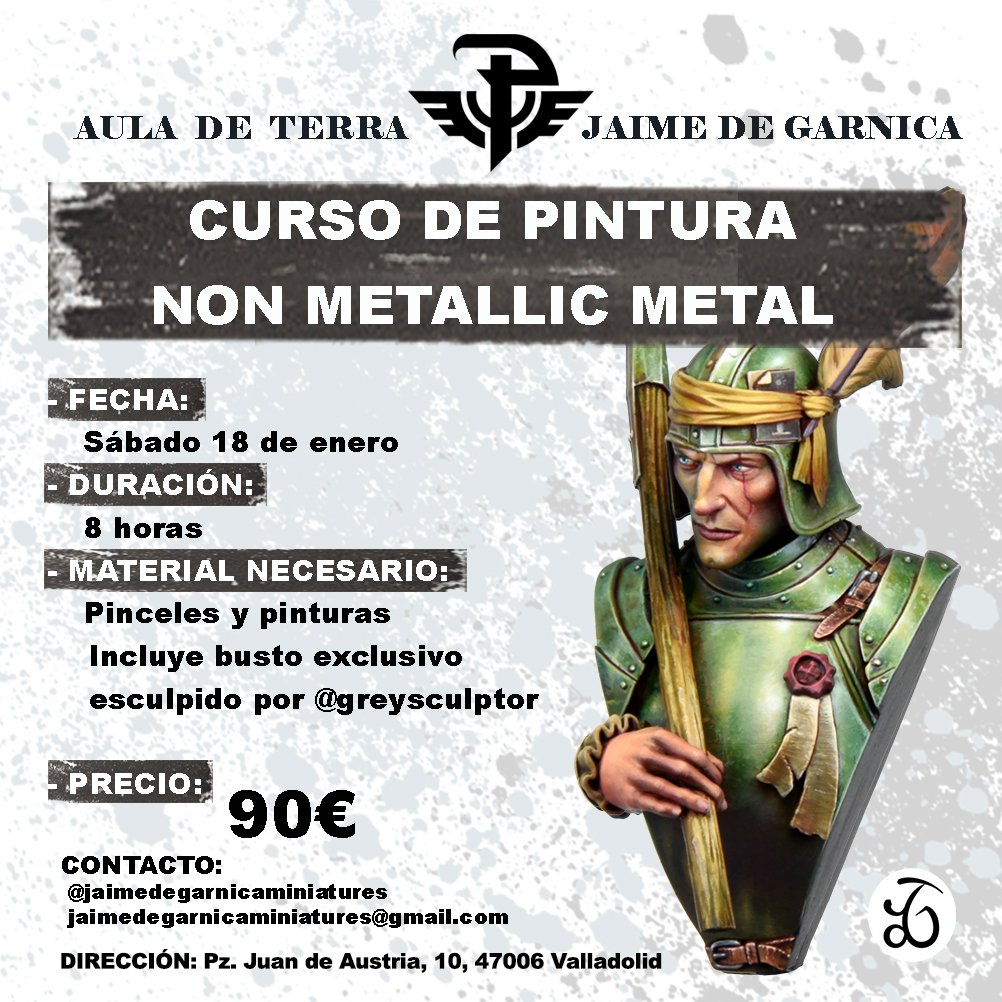 Os presento el cartel del que será el primer curso del 2025 y también el primero en las nuevas instalaciones de <a href="/PaladinesTerra/">Paladines de Terra</a>

El sábado 18 de enero le daremos caña durante 8 horas a los "non metallica metal" (nmm) pintando este busto exclusivo esculpido por <a href="/Grey_sculptor/">GreySculptro/Mario</a>.