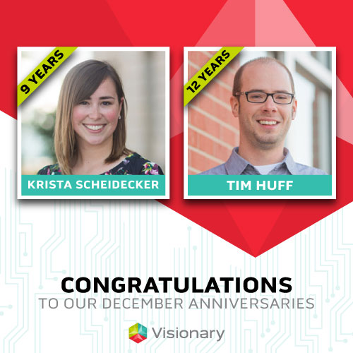 Happy anniversary to Krista Scheidecker (9 years) and Tim Huff (12 years)! 🎉Krista's ability to turn data into insights, and Tim's coding and problem-solving with humor that keeps us all going! Thanks for making Visionary awesome! 🌟 #BeVisionary