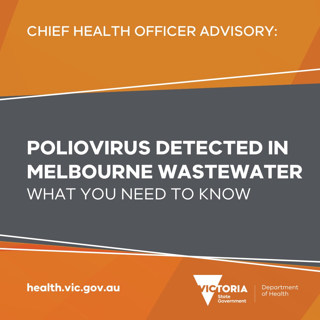 VicGovDH's tweet image. We’ve been notified of a detection of vaccine-derived poliovirus type 2 in wastewater sampling in the Melbourne metropolitan area. 
The presence of virus in wastewater poses no risk to Melbourne residents, as the sewage is thoroughly treated.
More: go.vic.gov.au/4iQ0wx1 
1/2🧵