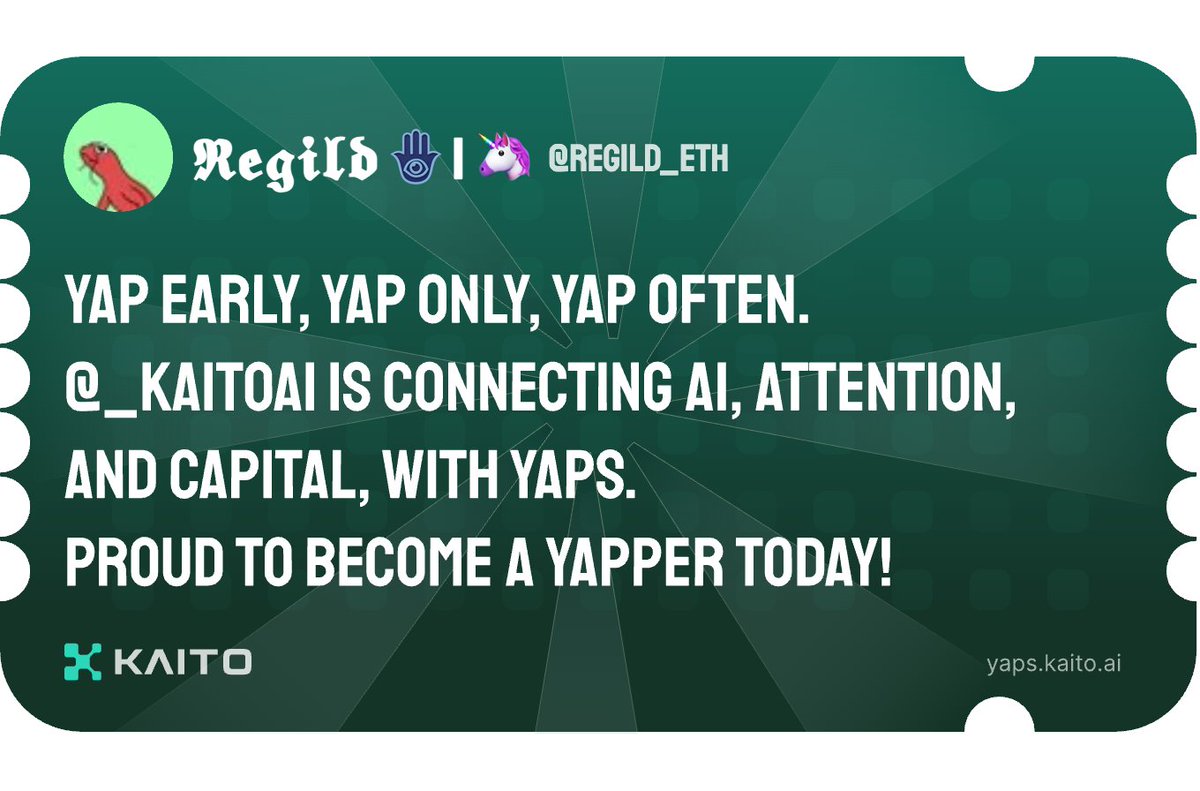 Yap early, yap only, yap often.

@_kaitoai is connecting AI, attention and capital with Yaps.

Just claimed my social card and I'm accumulating Yap points in real-time.

Claim yours 👉 yaps.kaito.ai/referral/15712…
