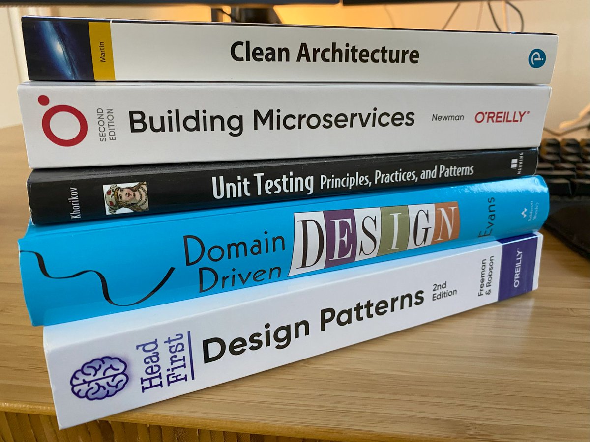 julioc's tweet image. 5 books I can't recommend enough:
1. Clean Architecture ( Robert Martin )
2. Building Microservices ( Sam Newman )
3. Unit Testing ( Vladimir Khorikov )
4. Domain Driven Design ( Eric Evans )
5. Head First Design Patterns ( Eric Freeman, Ph.D.  & Elisabeth Robson )
Get my…