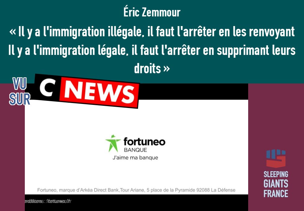 slpng_giants_fr's tweet photo. Bonjour @Fortuneo,

#CNews est d'extrême-droite, plus personne ne peut en douter. Ne prenez-vous pas un risque en plaçant vos publicités sur cette chaîne, en illustrant et finançant de tels discours ? 👇 https://t.co/MMmG4oYXTb