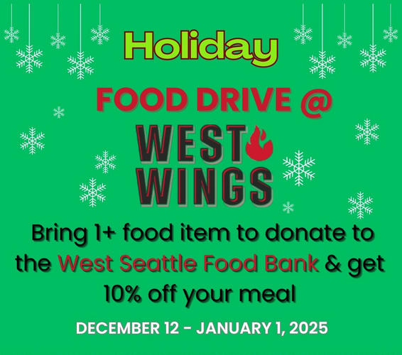 WSFoodBank's tweet photo. Through January 1st, West Wings Bar &amp; Restaurant on California Ave. is offering 10% off your meal when you bring a non-perishable food donation for the West Seattle Food Bank! Thank you so much for supporting us with this food drive and offer! https://t.co/c6mi11SAfy