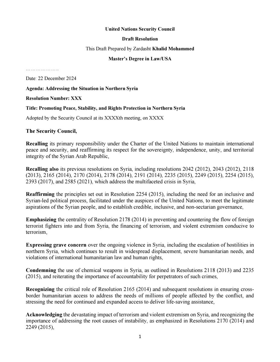 zarmoham's tweet image. This is why we need a UNSC resolutions: Here is a draft that includes all legal references and provisions in relation to Syria Circumstances. 📜✏️ #UNSCResolution