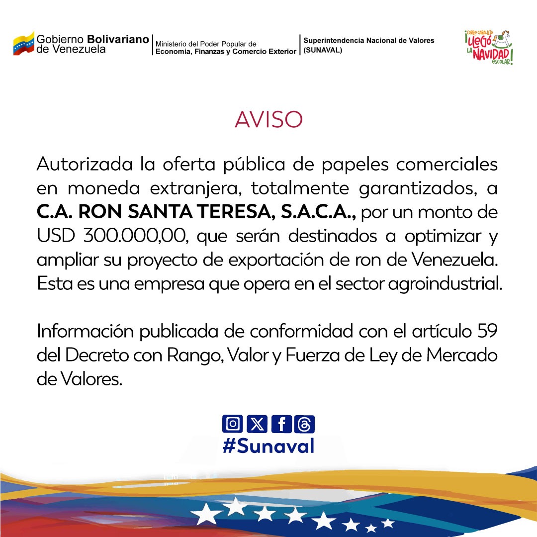 Autorizada la #OfertaPublica de papeles comerciales a C.A. Ron Santa Teresa, S.A.C.A. 

Esta es una empresa que opera en el sector Agroindustrial. 

#Sunaval #MercadoDeValores #Economia