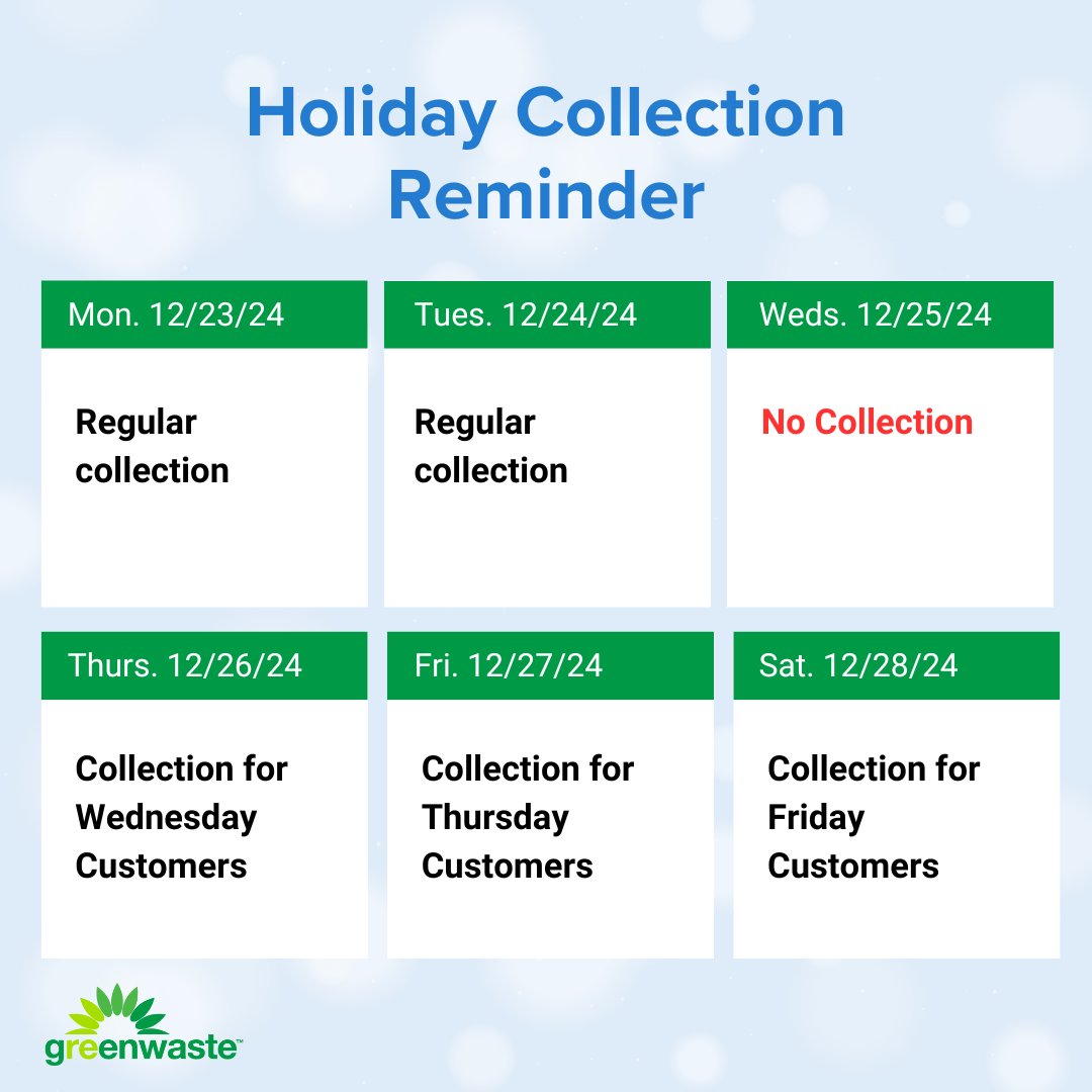 Happy Holidays! 🌲✨ GreenWaste is closed #ChristmasDay. If your regular collection day falls on or after Christmas, your collection will be delayed by one day.

#servicereminder #christmas #collectionreminder #holidays #happyholidays