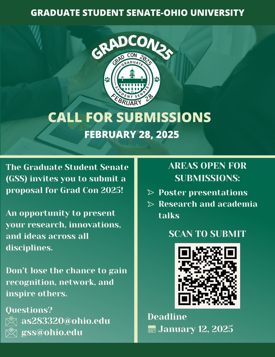 📢 Call for Submissions: Grad Con 2025!
Showcase your research, innovations, and ideas at Ohio University’s Graduate Conference on February 28, 2025.

#gradcon2025 #ohiogss
