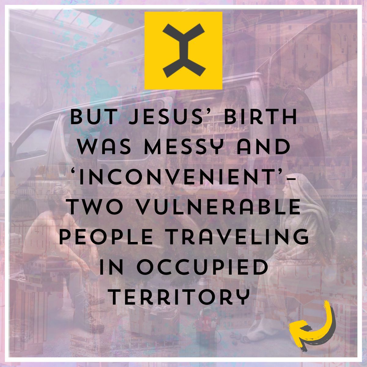 SurrenderCo's tweet image. Jesus’ birth was messy, inconvenient, and world-changing. Two vulnerable people, living in poverty, traveling through occupied territory—their lives turned upside down.
Our resident artist Daniel used AI to reimagine this moment in a modern context. What would it look like today?