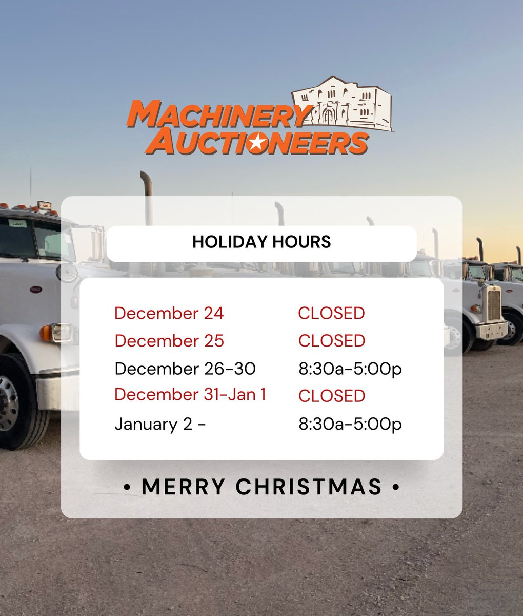 TXAuctioneers's tweet photo. The team at Machinery Auctioneers wants to wish our customers a Merry Christmas and Happy Holidays. We're incredibly thankful for everything we've accomplished this year and we couldn't have done it without you. Our next auction will hit hard in January! https://t.co/CpOoVBSE4n