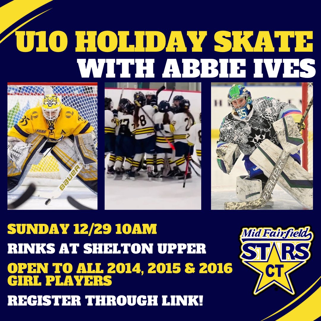 U10 Holiday Skate event with Abbie Ives!
Sunday 12/29 10am Rinks at Shelton Upper 
Free event! Open to all girls 2014, 2015 &amp; 2016 birth years.

Register: docs.google.com/forms/d/e/1FAI…