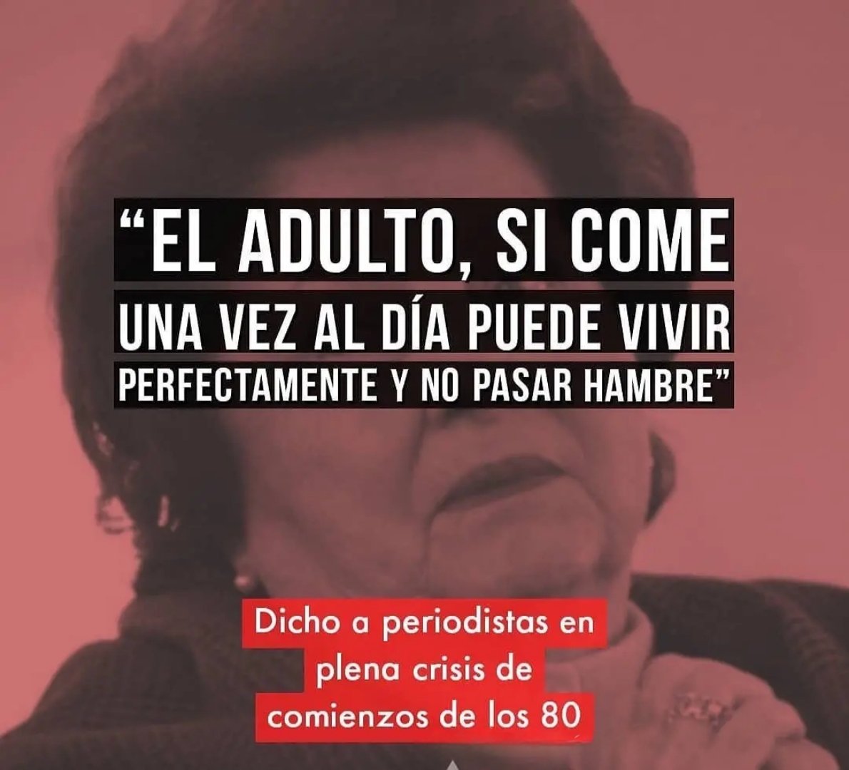 🔴 Lucía Hiriart dijo "El adulto, si come una vez al día puede vivir perfectamente y no pasar hambre".

🔴 Lucía era el alma de la dictadura, esa alma que todavía acompaña a la derecha chilena. Por eso tienes a todos sus candidatos presidenciales defendiendo las AFP, permitiendo