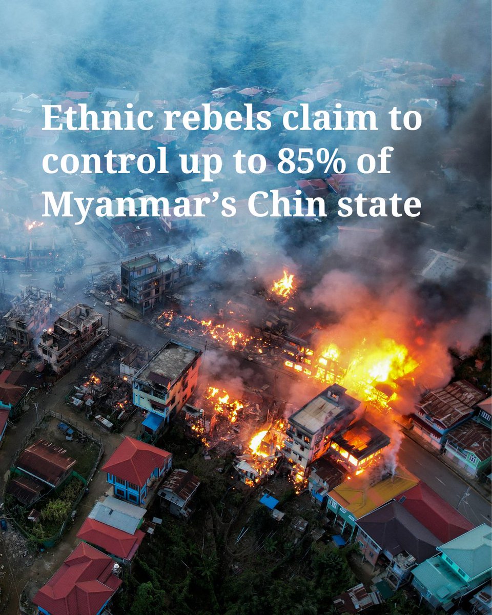 Ethnic Chin and Rakhine rebels now control 85% of western Myanmar’s Chin state and expect to seize control of another key township from the country’s military soon, a Chin official said Monday. bit.ly/49QiQlI

#Myanmar