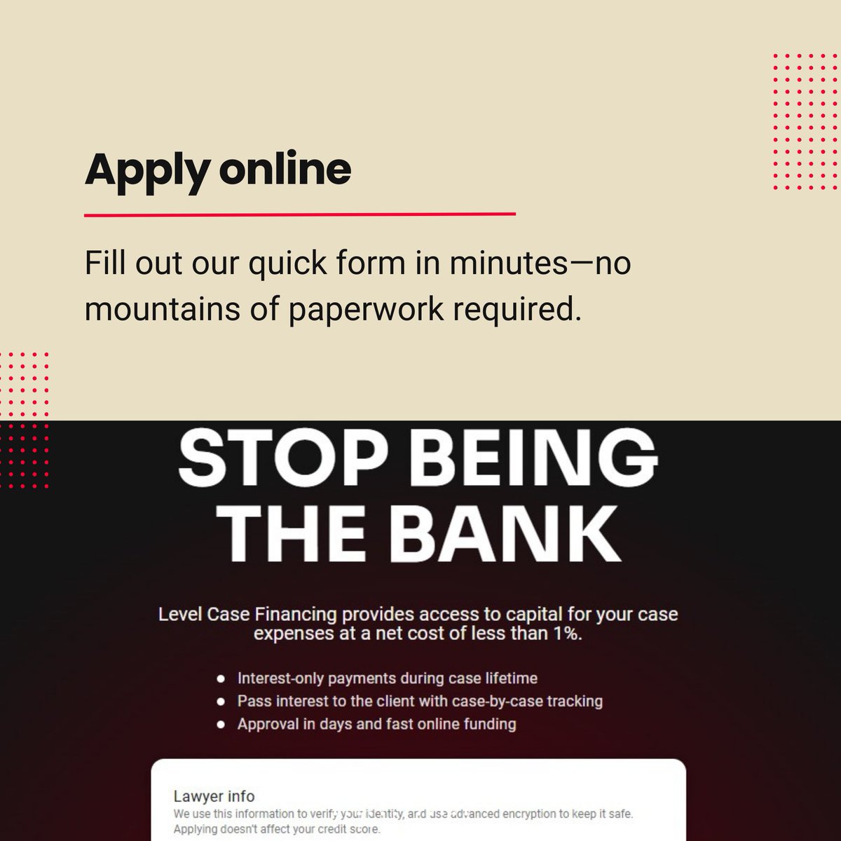 levelesq's tweet image. Funding made simple. 🤝🏼 Apply online, get approved, and access funds fast—it’s that easy with LevelEsq. 🤩 #CaseCostFinancing #FastApproval #LevelEsq