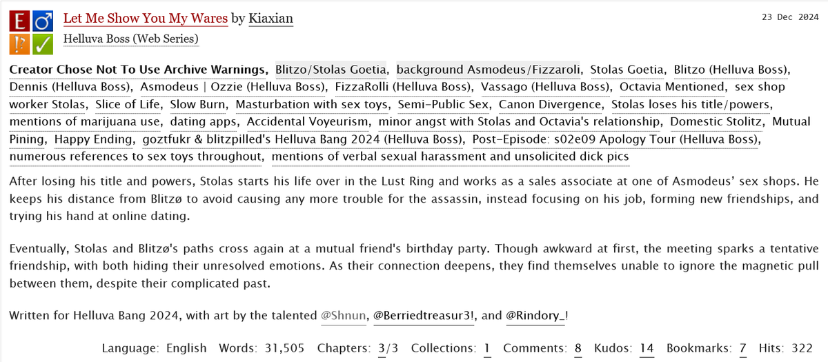 HELLUVABANG's tweet photo. Let Mr Show You My Wares by @Kiaxian2, with art by @PCShnun, @BerriedTreasur3 and @rindory_, is now live on ao3 ‼️ vibrators WOULD be what brings stolitz back together...

https://t.co/DQb5ZcfuRA

#HelluvaBang https://t.co/1gI9Z1Gws6