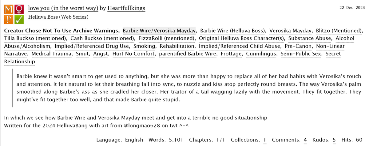 love you (in the worst way) by <a href="/Heartfullkings/">J❦</a>, with art by <a href="/longmao6282/">LM628</a>, is now live on ao3 ‼️ nothing quite like a lesbian situationship to help you through some of the worst moments in your life, am i right?

archiveofourown.org/works/61203955

#HelluvaBang