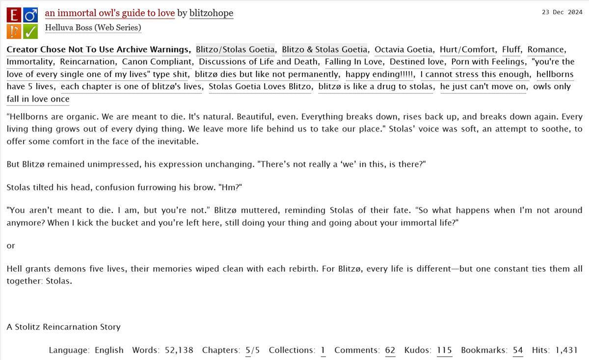 an immortal owl's guide to love by <a href="/blitzohope/">hope ⋆.𐙚 ̊</a>, with art by <a href="/nagaremajo/">tori || blitzø's lil tongue 👅</a> and <a href="/immessytoo/">Ozzie - COMMISSIONS OPEN - 5/10 Claimed</a>, is now live on ao3 ‼️ they will find each other in every lifetime, but does that always work out well?

archiveofourown.org/works/61156108

#HelluvaBang