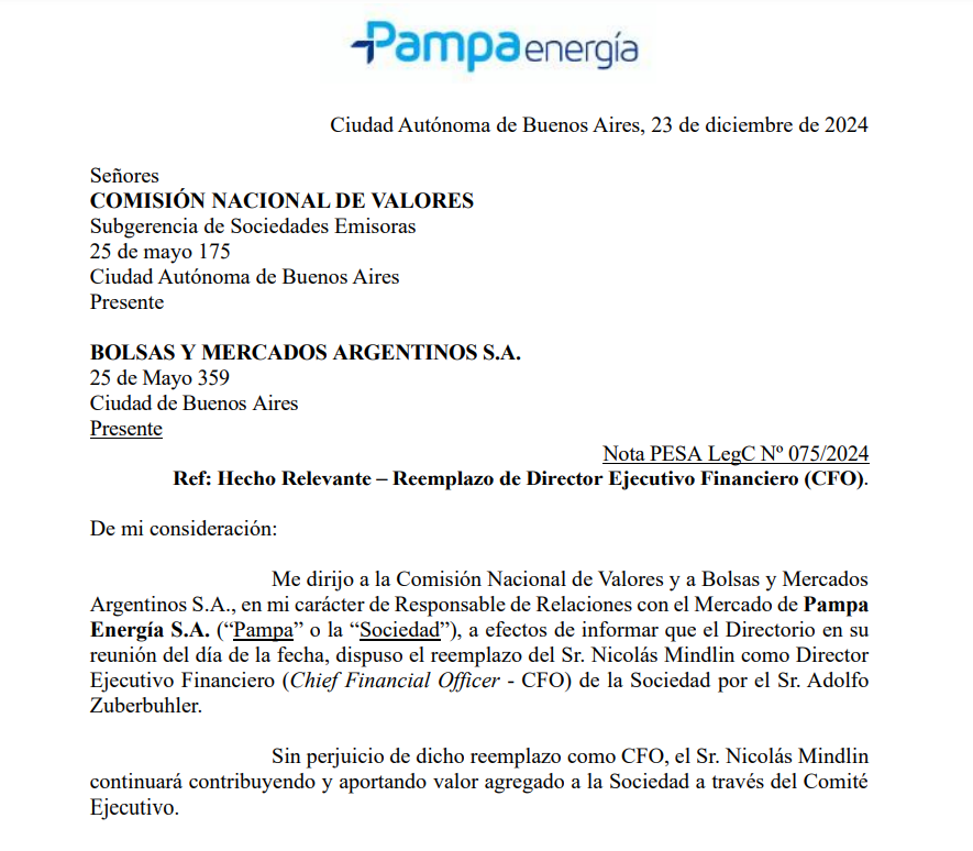 TraductorTeAma's tweet photo. Pampa Energía anuncia el reemplazo de su CFO
Sale Nicolas Mindlin, entra Adolfo Zuberbuhler. $PAMP https://t.co/ikJiSzFO3o