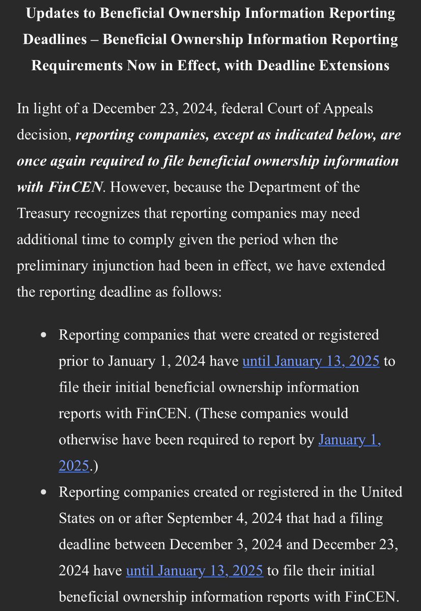 KHendersonCo's tweet photo. 🚨FinCEN just released a statement with guidance about additional reporting timelines🚨

✅ Pre-2024 companies will have until January 13, 2025.

✅ Companies formed after September 4, 2024 also have until January 13, 2025. 

✅ Companies formed between December 3, 2024 and today have an additional 21 days beyond their original deadline. 

✅ Any companies formed starting January 1, 2025 are subject to the original rule - 30 days to file. 

Screenshots below.