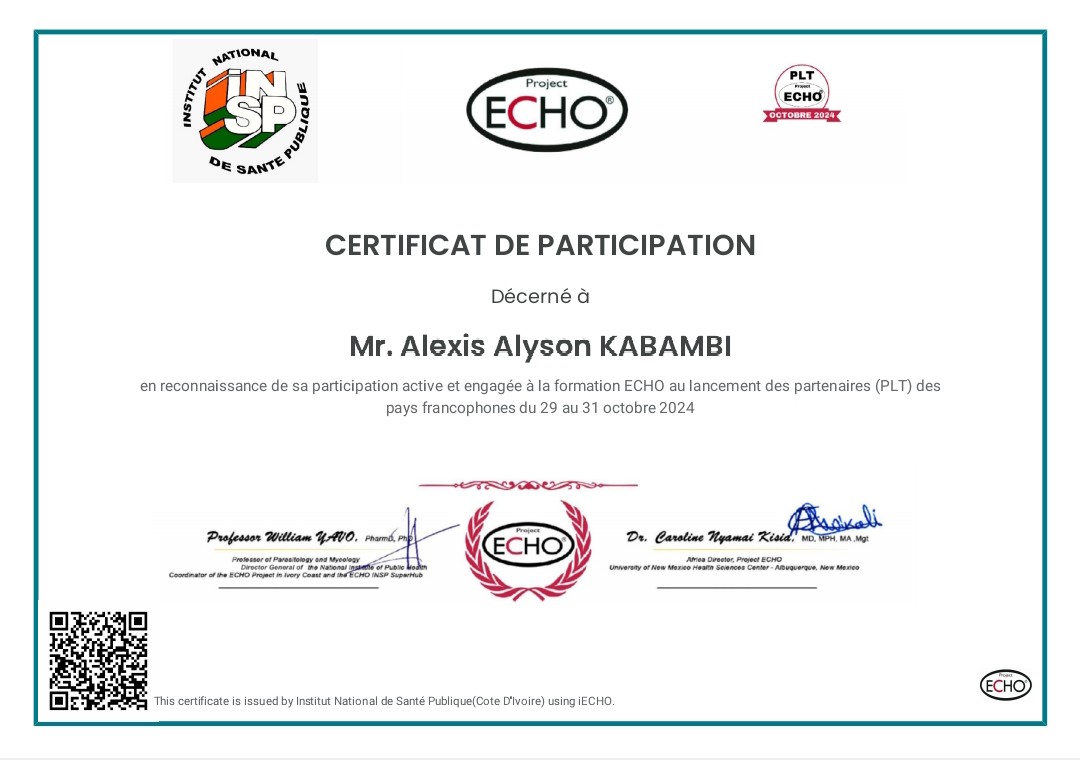 kabambi_alexis's tweet photo. Hello Team. Ravi de vous présenter ma certification provenant du partenaire @ProjectECHO  @ProjectECHO_SLH @bjlaurenceau  @endmalaria  @JeunesContre  @MichelMuvudi @MinSanteDRC @rogerkamba  @PromesseCKaniki @OMSRDCONGO  @OMS_Afrique @PMIgov  @DNTactions @JoyPhumaphi_ @_dinotshe https://t.co/t5kNbUrjBV