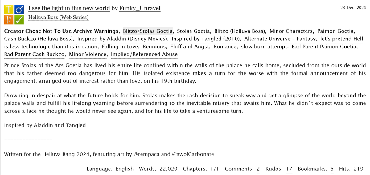 I see the light in this new world by <a href="/Funky_Unravel/">I loved you then, I love you still</a>, with art by <a href="/rempaca/">rem</a> and <a href="/awolCarbonate/">awolCarbonate | Tega</a>, is now live on ao3 ‼️ runaway teen stolitz be upon ye

archiveofourown.org/works/61099153

#HelluvaBang