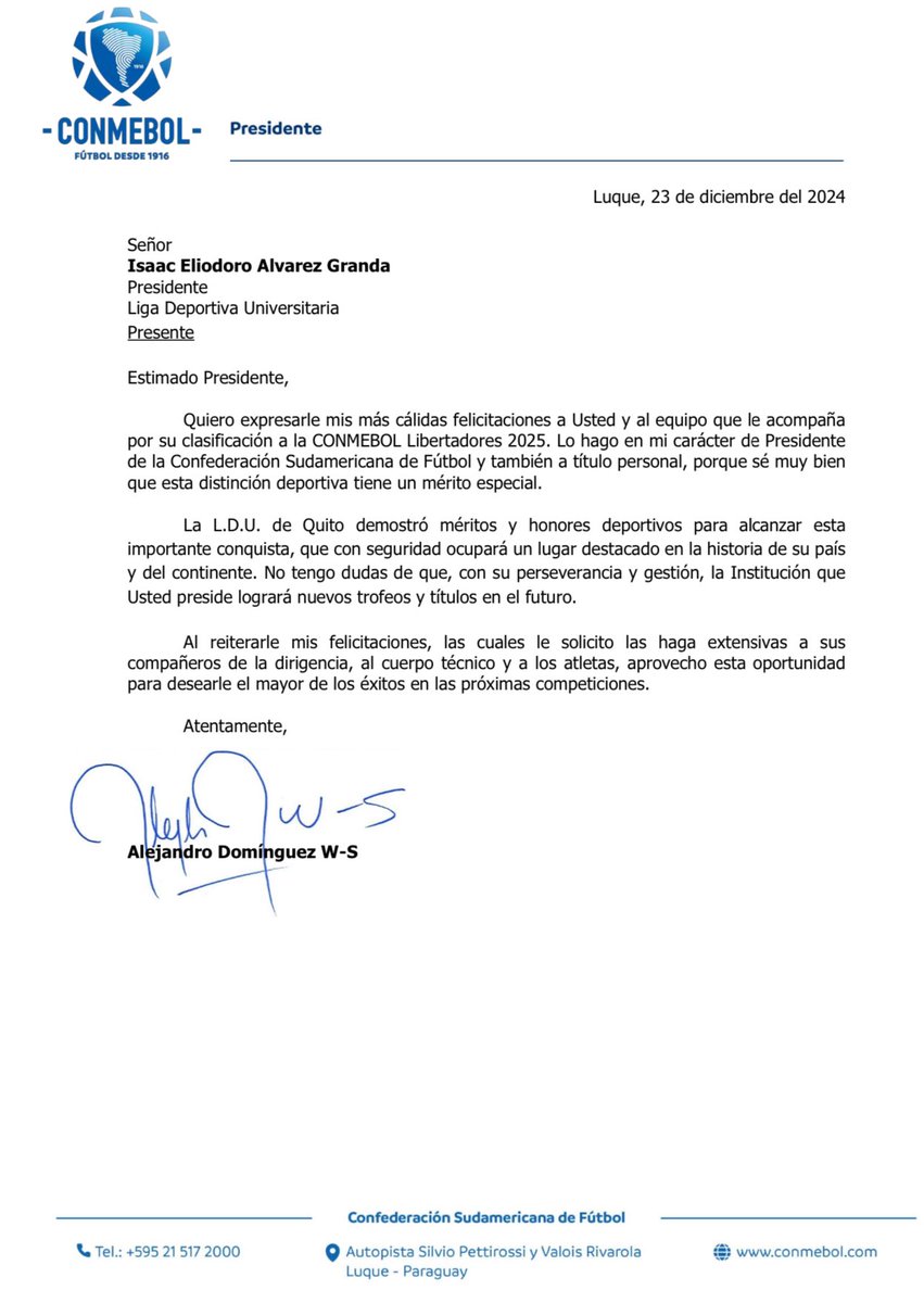 🤝 Queremos agradecer al presidente de la CONMEBOL, Alejandro Domínguez, por sus palabras 

¡Estamos listos para este nuevo desafío 2025! 

#VamosLIGA #DaleCampeón