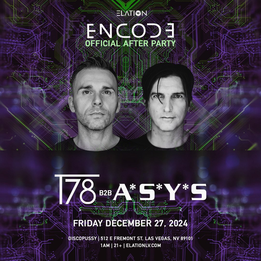 This FRIDAY! We close the year with some hard Techno with @FatimaHajji, T78 b2b <a href="/ASYSOFFICIAL/">A*S*Y*S</a> at Nine Twenty Warehouse! 

Official afters at <a href="/Discopussy/">DISCOPUSSY</a> w/ T78 b2b <a href="/ASYSOFFICIAL/">A*S*Y*S</a>. Grab your tickets now!

Elationlv.com
