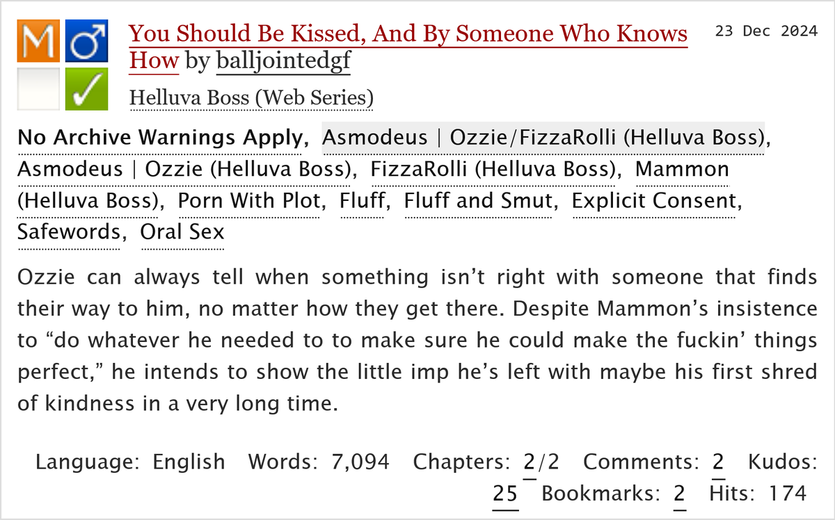 You Should Be Kissed, And By Someone Who Knows How by <a href="/balljointedgf/">Puppet! 🔞 | Slots 2/3</a>, with art by @izzythebaka, is now live on ao3 ‼️ let Ozzie teach you how to do it safe, sane and consensual ;)

archiveofourown.org/works/61561024…

#HelluvaBang