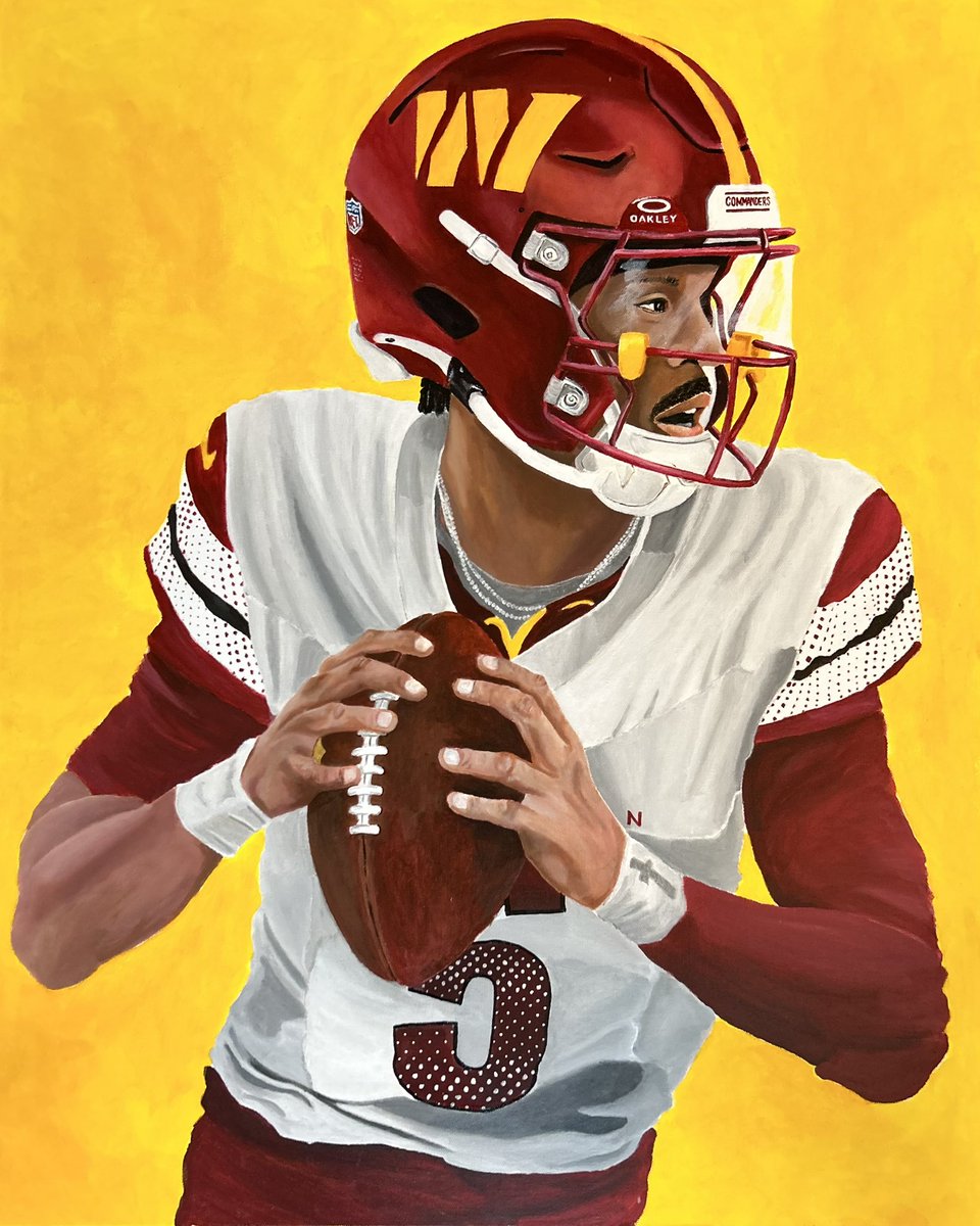 Okay here’s THE Christmas giveaway. 

If my team, our <a href="/Commanders/">Washington Commanders</a> :

1 - Repost this artwork, and
2 - Follow me back 

I will give away this ORIGINAL 20”x30” painting of <a href="/JayD__5/">Jayden Daniels</a> 

#RaiseHail